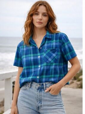 Blue Green Plaid Button Down | 90s Minimalist Boxy Short Sleeve · Erika & Co